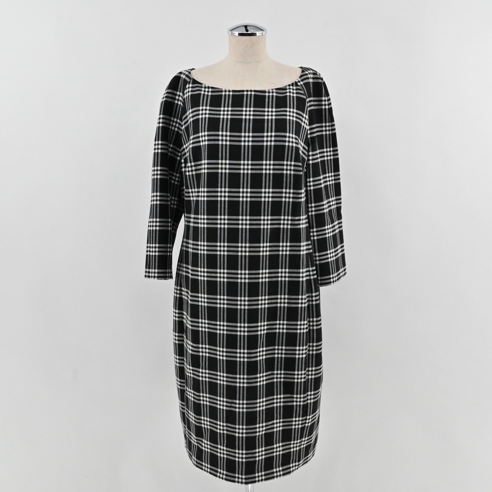 Oui Plaid Sheath Dress Womens Size 12 Black White Boat Neck 3/4 Sleeve Workwear